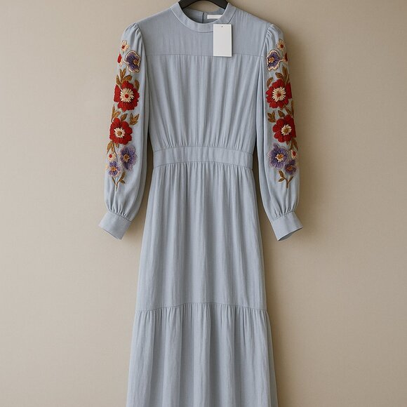 & Other Stories Capsule Collection Dress Size 2 Blue Embroidered Cut-out Midi - Picture 2 of 8